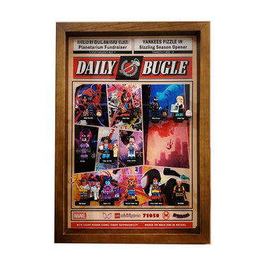 Framed Daily Bugle poster featuring LEGO Marvel Spider-Man minifigures and characters in comic style layout