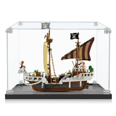LEGO pirate ship model with minifigures inside clear display case on black base