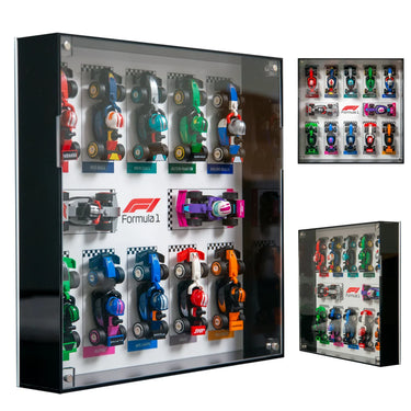 Formula 1 miniature cars display case featuring team models like Red Bull, Mercedes, Aston Martin