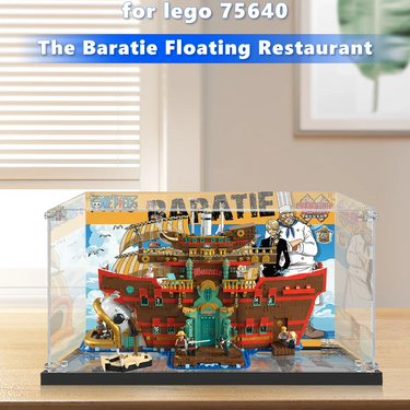 LEGO One Piece Baratie Floating Restaurant set 75640 displayed in clear case on wooden table