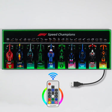 F1 Speed Champions LEGO models displayed in illuminated frame with USB cable and RF wireless remote control