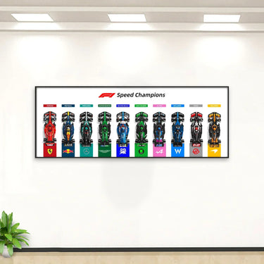 Framed F1 Speed Champions poster with top view of Ferrari, Red Bull, Mercedes, Aston Martin, Alpine, and other F1 cars