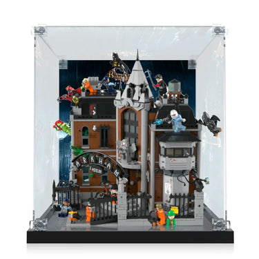 LEGO Arkham Asylum set with Batman, villains, and guards displayed in clear protective case