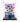 LEGO model of a purple flower plant in a blue pot displayed in a transparent protective case with mountain backdrop