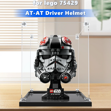 LEGO Star Wars AT-AT Driver Helmet model 75429 displayed in clear protective case on wooden table