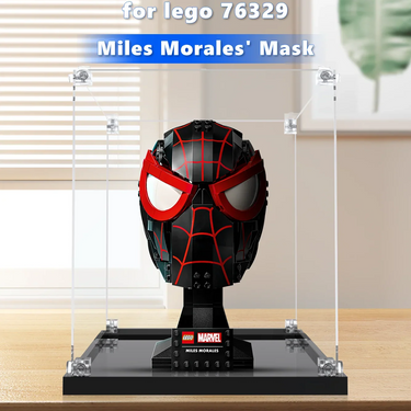 LEGO Marvel Miles Morales' Mask set 76329 displayed in a clear protective case on a wooden table