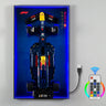 Top view of Red Bull Racing F1 LEGO model framed with blue LED lights and wireless remote control