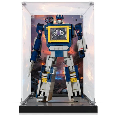 Transformers Soundwave action figure in clear display case with fiery battle background