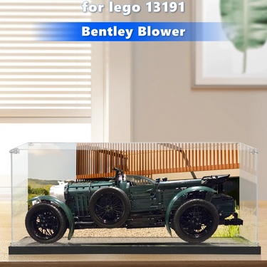 LEGO Bentley Blower model 13191 displayed in a clear acrylic case on a wooden table
