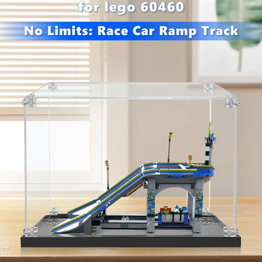 Lego 60460 No Limits Race Car Ramp Track model displayed in clear protective case on wooden table