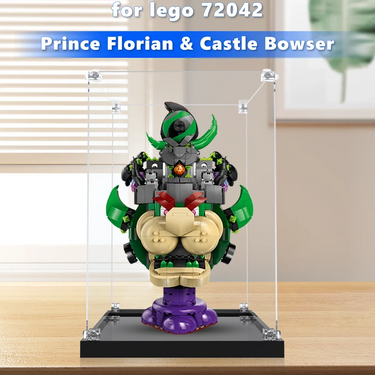 LEGO model of Prince Florian and Castle Bowser displayed in a clear acrylic case on a wooden surface