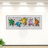 Framed Keith Haring style artwork featuring colorful dancing figures and doodles in a modern gallery