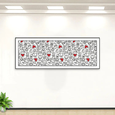 Framed Keith Haring style pop art with dancing figures, red hearts, and abstract shapes in white gallery