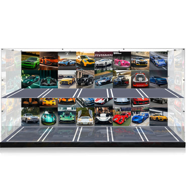 Glass display case featuring images of luxury sports cars, racing cars, and supercars in vibrant colors