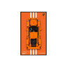 Top view of an orange LEGO Porsche GT3 RS model on an orange background with white racing stripes