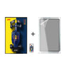 Top view of Lego Formula 1 car model on yellow and blue background with remote and clear display case