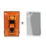 Orange toy car model in black frame with protective clear acrylic cover on white background