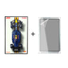 Top view of blue and yellow Formula 1 model car display in black frame with clear acrylic cover