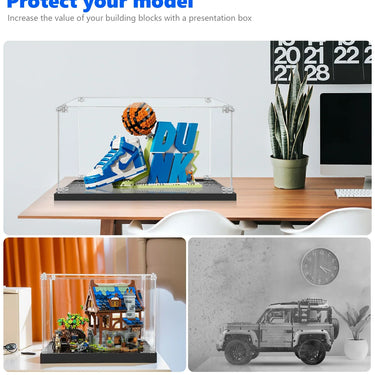 LEGO sneaker dunk model in clear display box on wooden desk with plant and computer