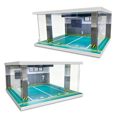 Displaymonter til 1:32-skala diecast-biler, dobbelt parkeringsgarage-scenemodel med indbyggede LED-lys.