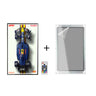 Top view of blue and yellow racing car model poster with remote and transparent protective frame