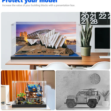 LEGO Sydney Opera House and house model protected in clear dustproof display cases on tables