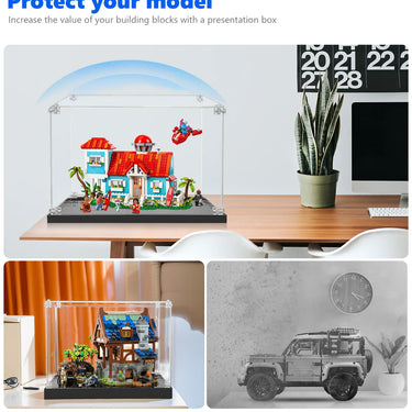 Clear display boxes protecting detailed LEGO building models and a dusty exposed LEGO car model