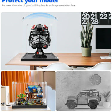 LEGO Star Wars helmet and building models protected in clear display boxes on desks