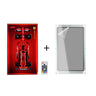 Red LEGO Ferrari SF-24 F1 car model in display case with LED lighting and color remote control