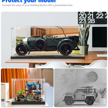 Building block model car displayed in clear protective presentation box on a desk