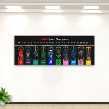 Wall art featuring top view of 2023 Formula 1 cars with team logos, circuits, and F1 Speed Champions title