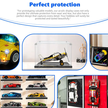 Acrylic display cases protecting model cars and airplane, showcasing perfect protection for collectibles