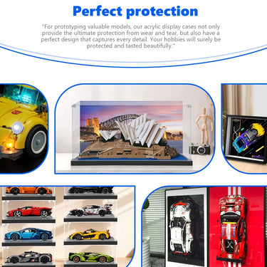 Acrylic display cases protecting detailed model cars and Sydney Opera House LEGO models in indoor home setting