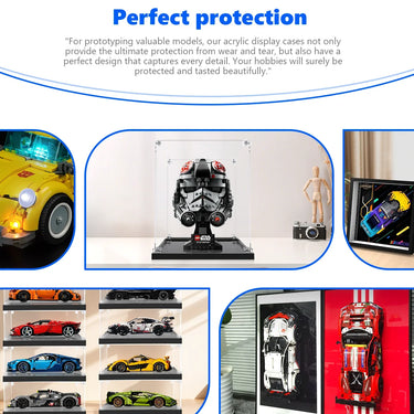 Acrylic display cases protect detailed LEGO models including Star Wars helmet and sports cars on shelves