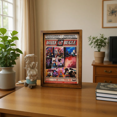 Framed Daily Bugle LEGO Spider-Man minifigures display on wooden desk in cozy room with plants and books