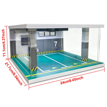 Displaymonter til 1:32-skala diecast-biler, dobbelt parkeringsgarage-scenemodel med indbyggede LED-lys.