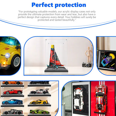 Acrylic display cases protecting detailed car and boat models on shelves and table