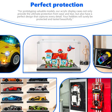 Acrylic display cases protecting LEGO models including a house, cars, and custom framed cars for hobby collectors