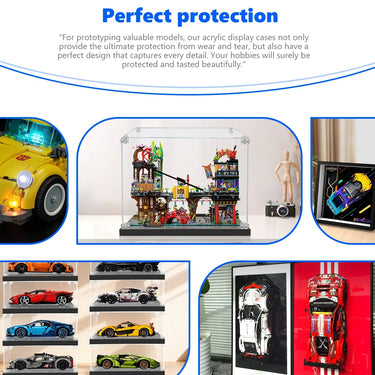 Acrylic display cases protecting detailed Lego models including cars and buildings, showcased in bright, clean settings