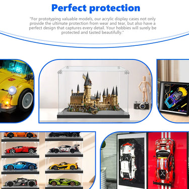 Acrylic display cases protecting detailed car models and a castle model, perfect for hobby collectibles