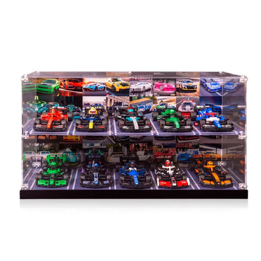 Clear display case with two shelves holding 10 detailed Formula 1 model cars on racetrack backgrounds
