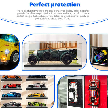 Acrylic display cases protecting detailed model cars including vintage and sports cars on shelves and frames