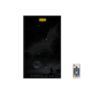 Batman-themed black wall art with bat signal, stars, and silhouette, including remote control