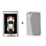Framed top-down photo of a white and red car with plus symbol and clear acrylic photo frame with protective film