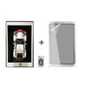 LEGO car model framed in black and white display with remote and clear acrylic frame cover