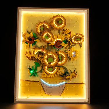 LEGO sunflower bouquet in a lit yellow vase against a yellow backdrop, inspired by Vincent van Gogh