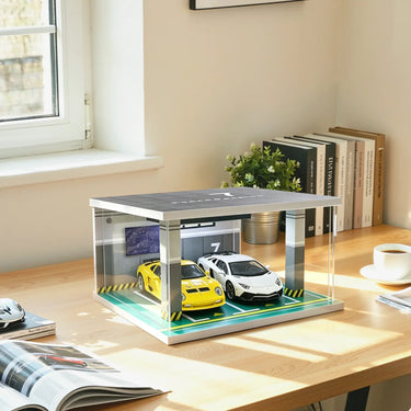 Displaymonter til 1:32-skala diecast-biler, dobbelt parkeringsgarage-scenemodel med indbyggede LED-lys.