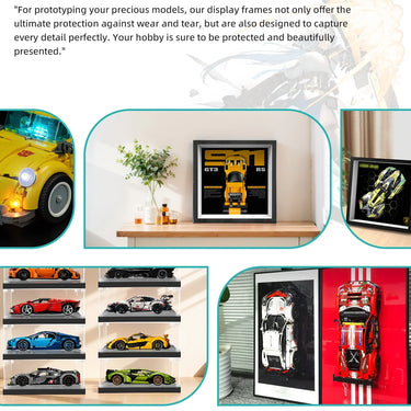 LEGO car models displayed in protective frames and shelves in stylish home decor setups