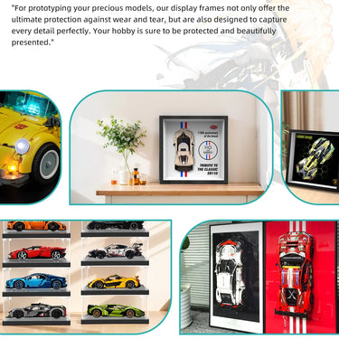 Display frames showcasing detailed model cars with protection, arranged on shelves and tabletops