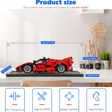 Clear acrylic display box on shelf measuring 35x20x15cm with red model car inside and decorative items nearby